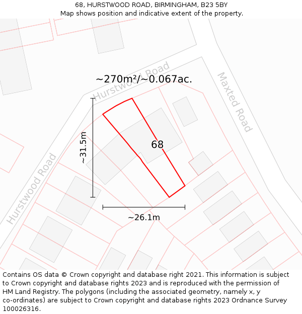 68, HURSTWOOD ROAD, BIRMINGHAM, B23 5BY: Plot and title map