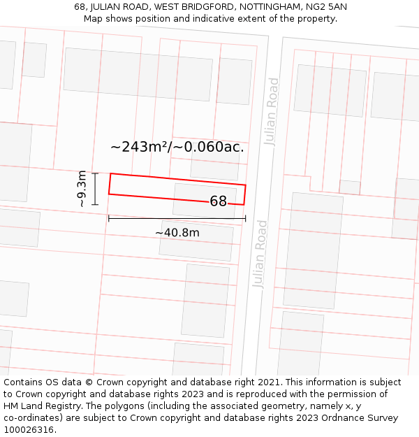 68, JULIAN ROAD, WEST BRIDGFORD, NOTTINGHAM, NG2 5AN: Plot and title map