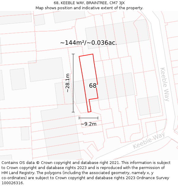68, KEEBLE WAY, BRAINTREE, CM7 3JX: Plot and title map