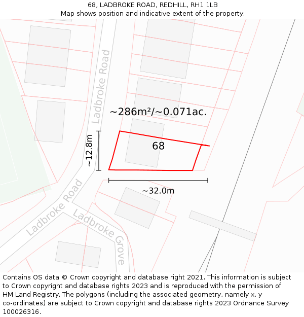 68, LADBROKE ROAD, REDHILL, RH1 1LB: Plot and title map