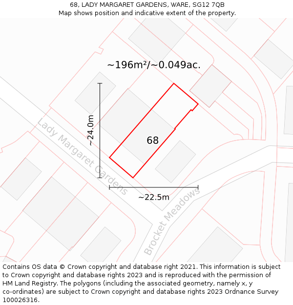 68, LADY MARGARET GARDENS, WARE, SG12 7QB: Plot and title map