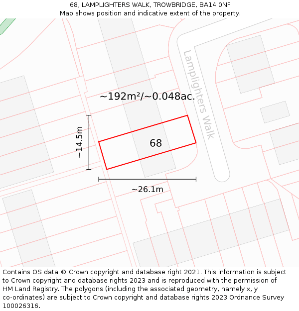 68, LAMPLIGHTERS WALK, TROWBRIDGE, BA14 0NF: Plot and title map