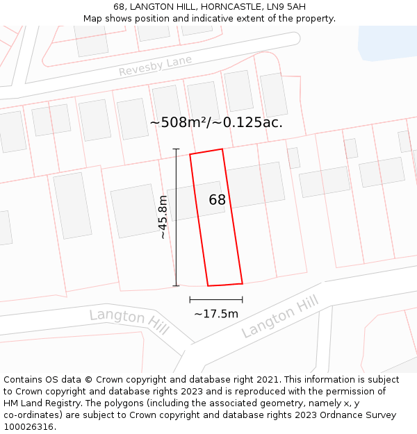 68, LANGTON HILL, HORNCASTLE, LN9 5AH: Plot and title map