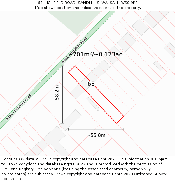 68, LICHFIELD ROAD, SANDHILLS, WALSALL, WS9 9PE: Plot and title map