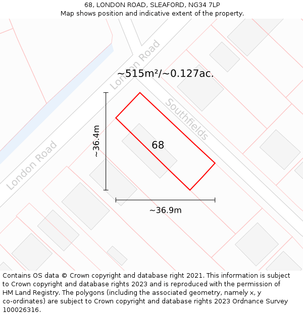 68, LONDON ROAD, SLEAFORD, NG34 7LP: Plot and title map