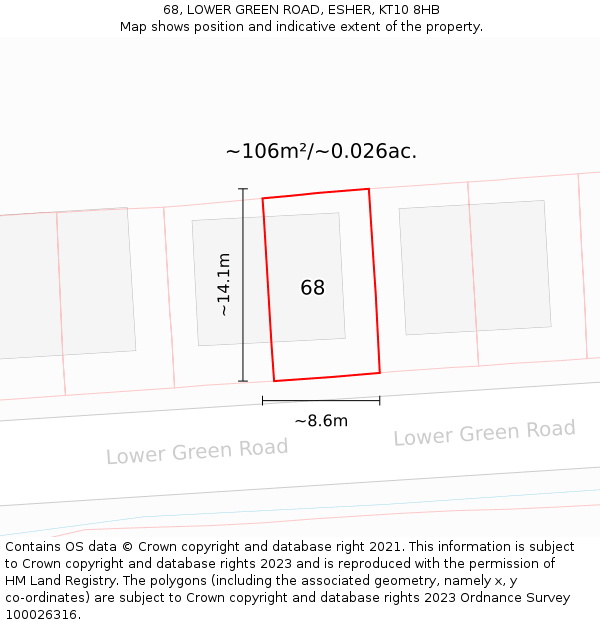 68, LOWER GREEN ROAD, ESHER, KT10 8HB: Plot and title map