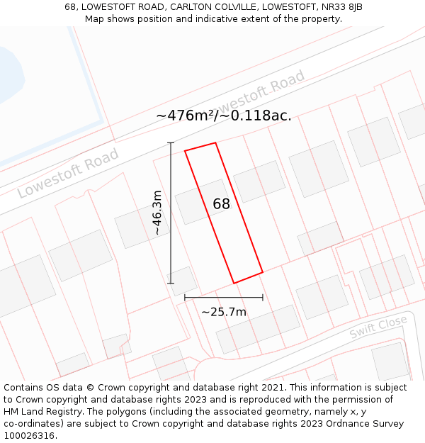 68, LOWESTOFT ROAD, CARLTON COLVILLE, LOWESTOFT, NR33 8JB: Plot and title map