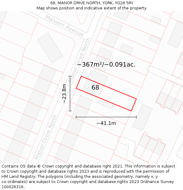 68, MANOR DRIVE NORTH, YORK, YO26 5RY: Plot and title map