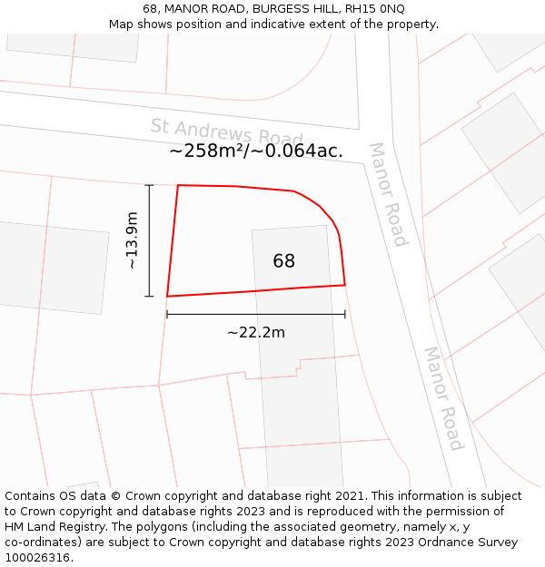 68, MANOR ROAD, BURGESS HILL, RH15 0NQ: Plot and title map