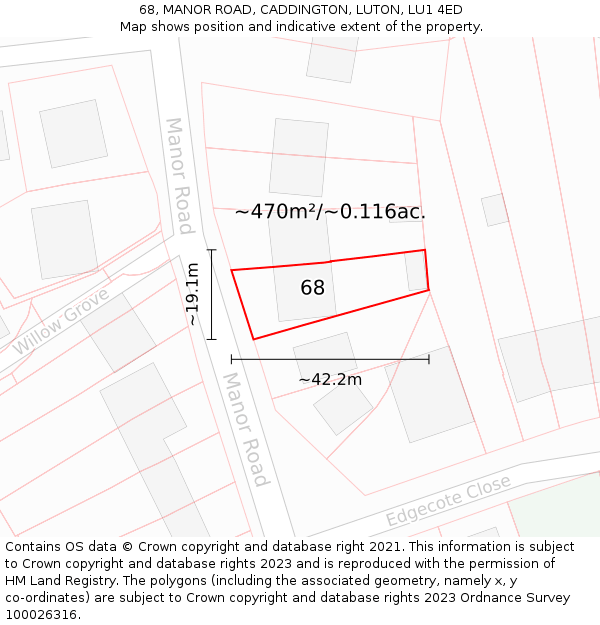 68, MANOR ROAD, CADDINGTON, LUTON, LU1 4ED: Plot and title map