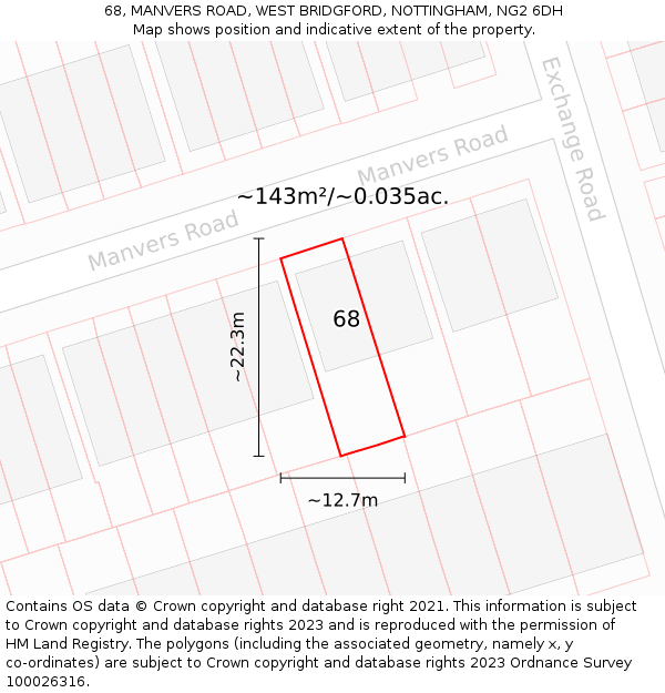 68, MANVERS ROAD, WEST BRIDGFORD, NOTTINGHAM, NG2 6DH: Plot and title map