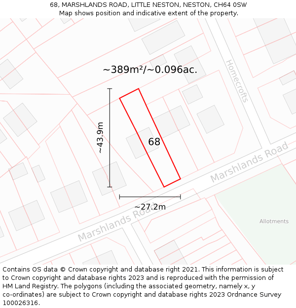 68, MARSHLANDS ROAD, LITTLE NESTON, NESTON, CH64 0SW: Plot and title map