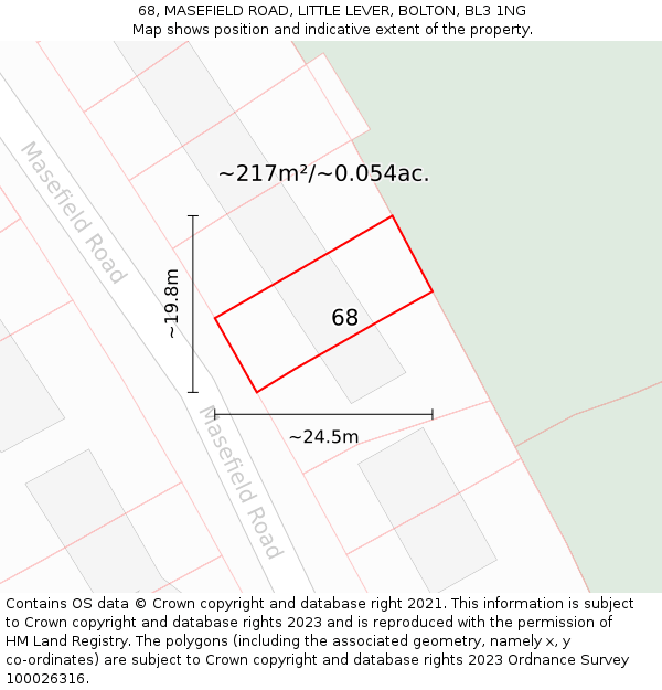 68, MASEFIELD ROAD, LITTLE LEVER, BOLTON, BL3 1NG: Plot and title map