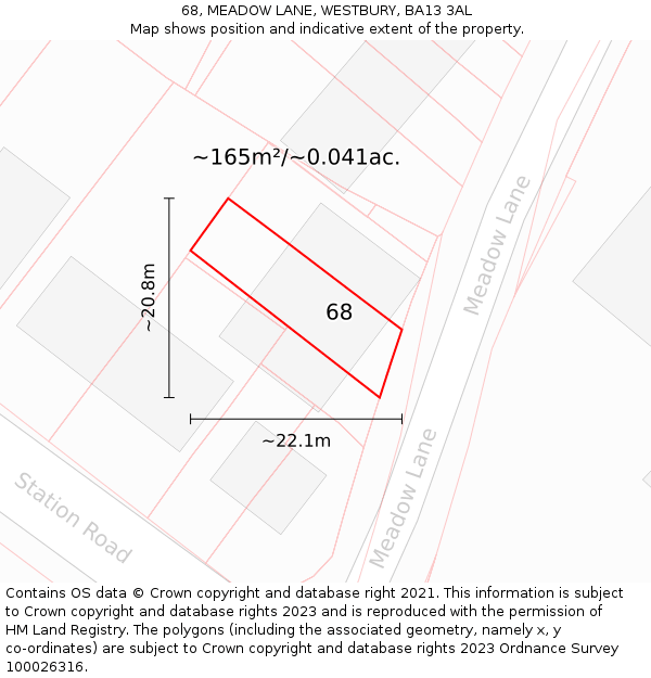 68, MEADOW LANE, WESTBURY, BA13 3AL: Plot and title map