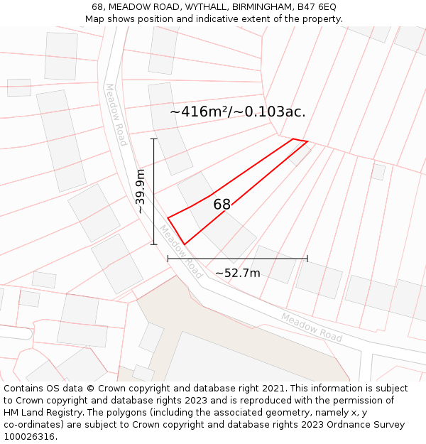 68, MEADOW ROAD, WYTHALL, BIRMINGHAM, B47 6EQ: Plot and title map