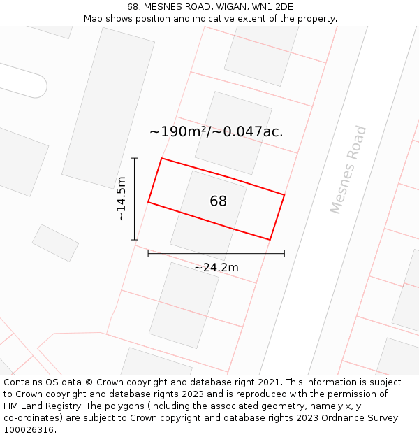 68, MESNES ROAD, WIGAN, WN1 2DE: Plot and title map