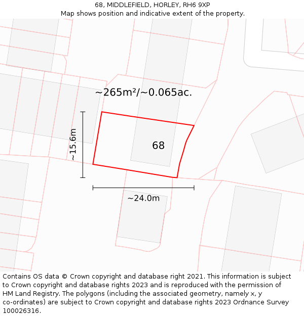 68, MIDDLEFIELD, HORLEY, RH6 9XP: Plot and title map