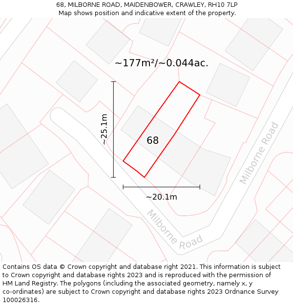 68, MILBORNE ROAD, MAIDENBOWER, CRAWLEY, RH10 7LP: Plot and title map