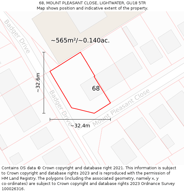 68, MOUNT PLEASANT CLOSE, LIGHTWATER, GU18 5TR: Plot and title map