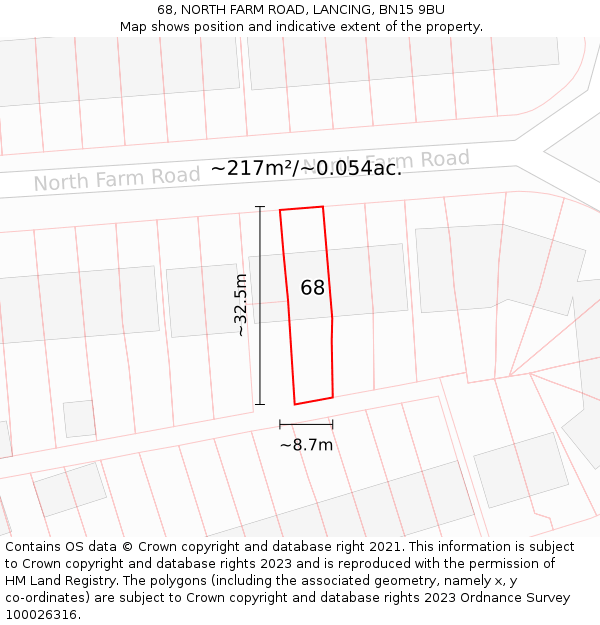68, NORTH FARM ROAD, LANCING, BN15 9BU: Plot and title map