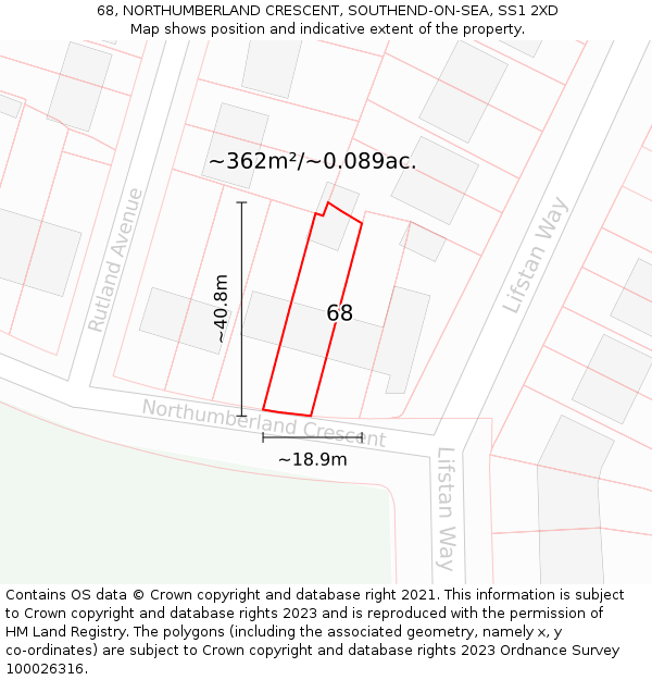 68, NORTHUMBERLAND CRESCENT, SOUTHEND-ON-SEA, SS1 2XD: Plot and title map