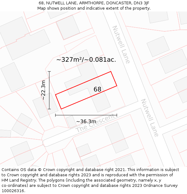 68, NUTWELL LANE, ARMTHORPE, DONCASTER, DN3 3JF: Plot and title map