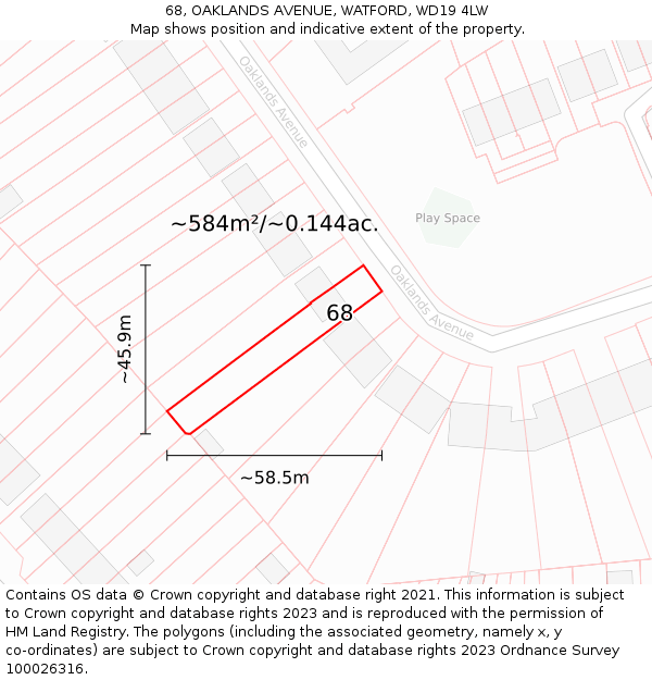 68, OAKLANDS AVENUE, WATFORD, WD19 4LW: Plot and title map