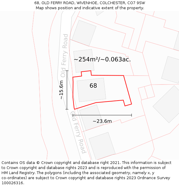 68, OLD FERRY ROAD, WIVENHOE, COLCHESTER, CO7 9SW: Plot and title map