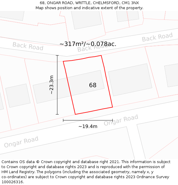 68, ONGAR ROAD, WRITTLE, CHELMSFORD, CM1 3NX: Plot and title map
