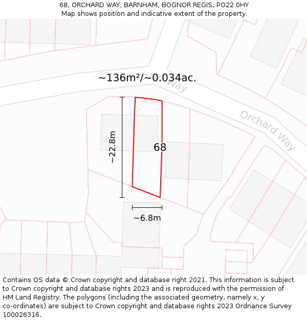 68, ORCHARD WAY, BARNHAM, BOGNOR REGIS, PO22 0HY: Plot and title map