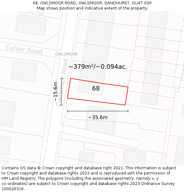 68, OWLSMOOR ROAD, OWLSMOOR, SANDHURST, GU47 0SP: Plot and title map