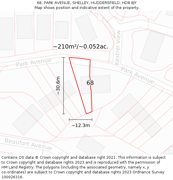 68, PARK AVENUE, SHELLEY, HUDDERSFIELD, HD8 8JY: Plot and title map