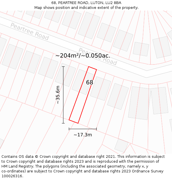 68, PEARTREE ROAD, LUTON, LU2 8BA: Plot and title map