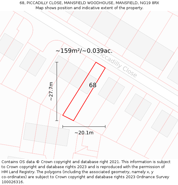 68, PICCADILLY CLOSE, MANSFIELD WOODHOUSE, MANSFIELD, NG19 8RX: Plot and title map