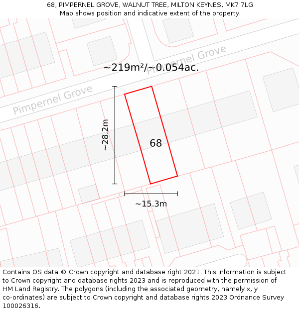 68, PIMPERNEL GROVE, WALNUT TREE, MILTON KEYNES, MK7 7LG: Plot and title map