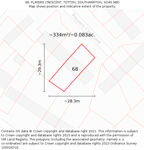 68, PLAYERS CRESCENT, TOTTON, SOUTHAMPTON, SO40 9BD: Plot and title map