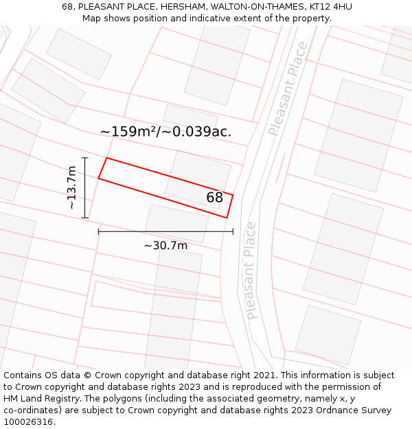 68, PLEASANT PLACE, HERSHAM, WALTON-ON-THAMES, KT12 4HU: Plot and title map