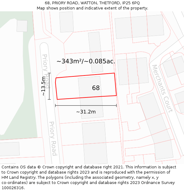 68, PRIORY ROAD, WATTON, THETFORD, IP25 6PQ: Plot and title map