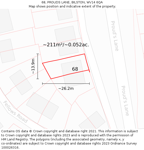 68, PROUDS LANE, BILSTON, WV14 6QA: Plot and title map