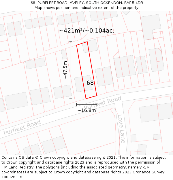 68, PURFLEET ROAD, AVELEY, SOUTH OCKENDON, RM15 4DR: Plot and title map