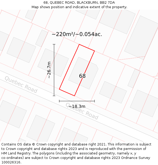 68, QUEBEC ROAD, BLACKBURN, BB2 7DA: Plot and title map