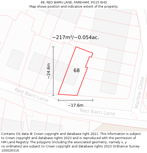 68, RED BARN LANE, FAREHAM, PO15 6HD: Plot and title map