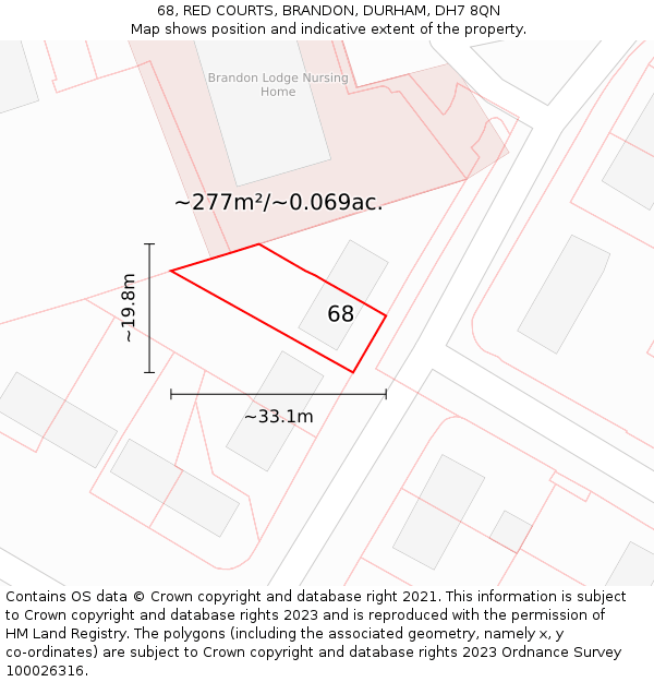 68, RED COURTS, BRANDON, DURHAM, DH7 8QN: Plot and title map