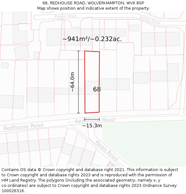 68, REDHOUSE ROAD, WOLVERHAMPTON, WV6 8SP: Plot and title map