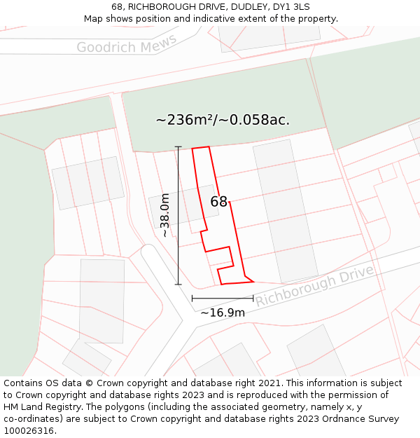 68, RICHBOROUGH DRIVE, DUDLEY, DY1 3LS: Plot and title map