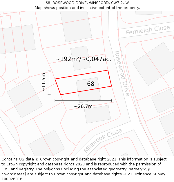 68, ROSEWOOD DRIVE, WINSFORD, CW7 2UW: Plot and title map