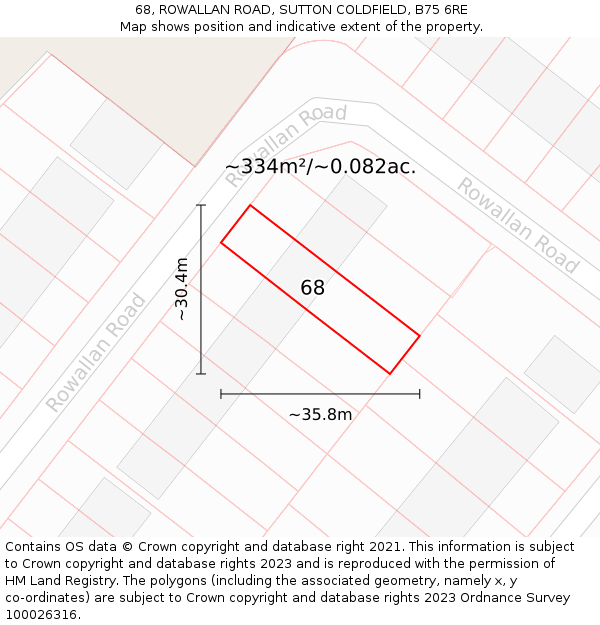 68, ROWALLAN ROAD, SUTTON COLDFIELD, B75 6RE: Plot and title map