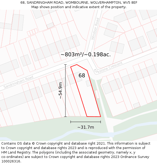 68, SANDRINGHAM ROAD, WOMBOURNE, WOLVERHAMPTON, WV5 8EF: Plot and title map