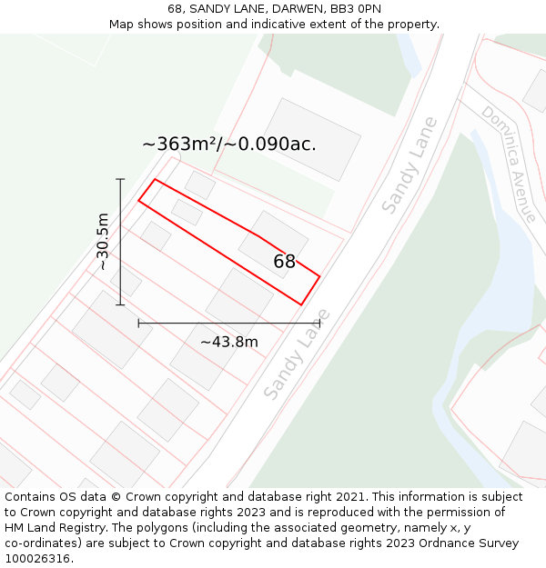 68, SANDY LANE, DARWEN, BB3 0PN: Plot and title map