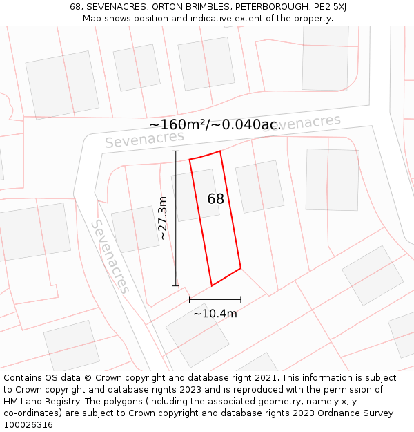 68, SEVENACRES, ORTON BRIMBLES, PETERBOROUGH, PE2 5XJ: Plot and title map